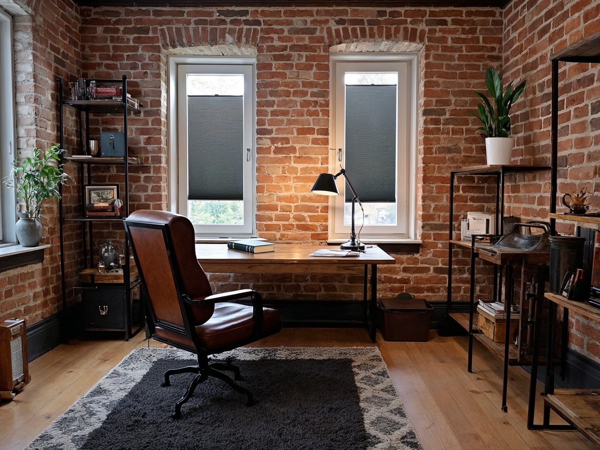 Office with blinds on tilt and windows