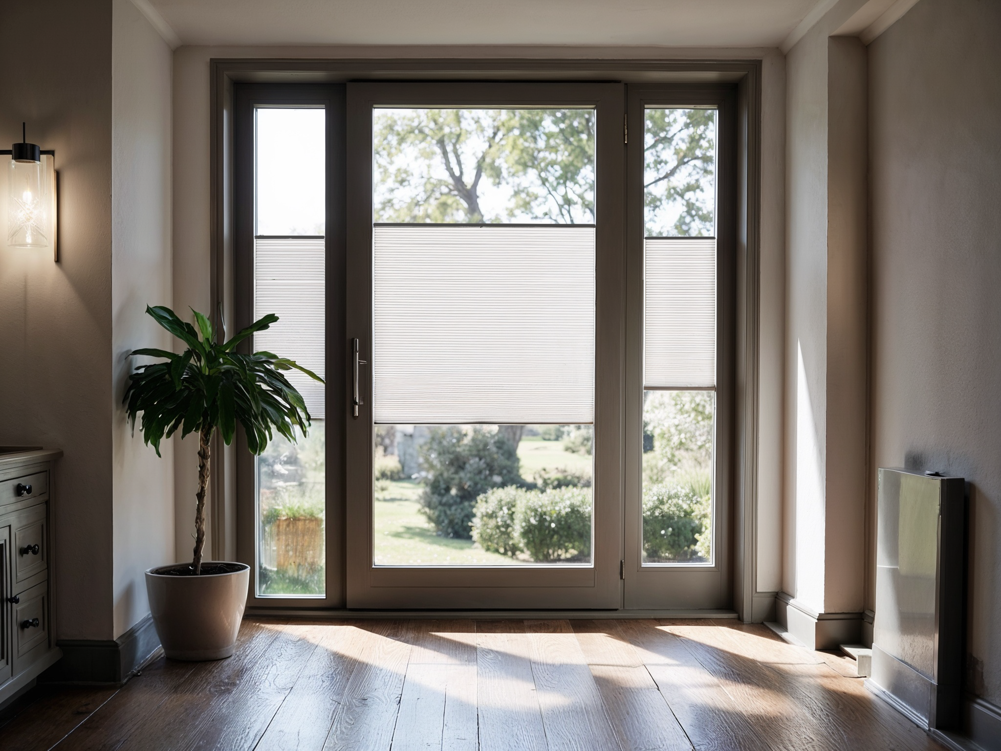 European door with light filtering blinds