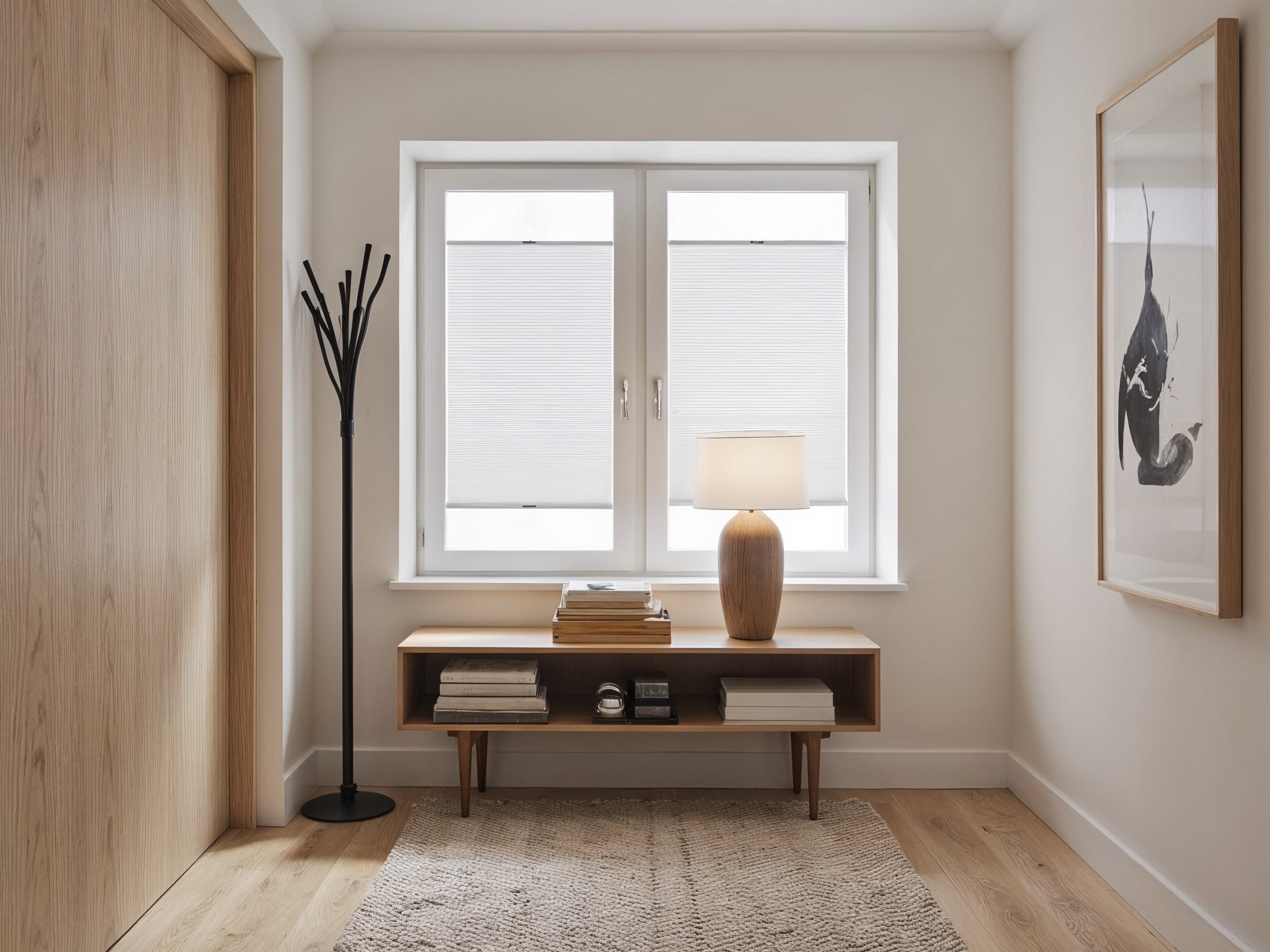 European tilt and turn windows with blinds in hallway
