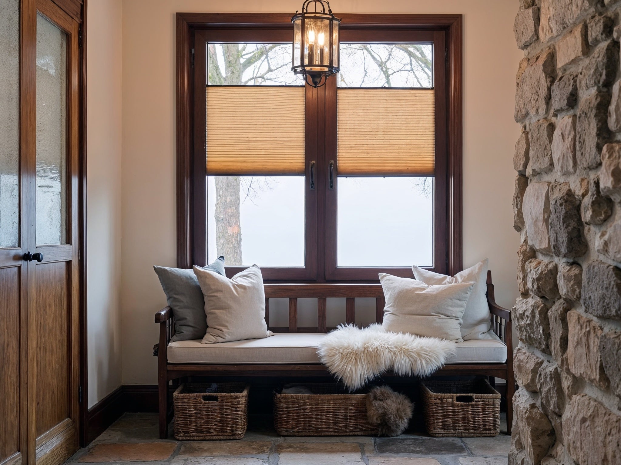 Tilt and turn windows with blinds in hallway